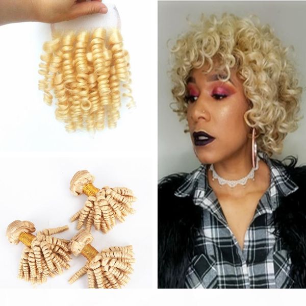 

aunty funmi blonde 613 human hair 3bundles with lace closure #613 bouncy romance curls virgin hair extensions with closure, Black