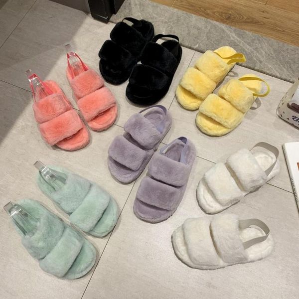 

slippers mr co fluffy women's outdoor plush fur sandals home house with rubber soles non-slip indoor for use, Black