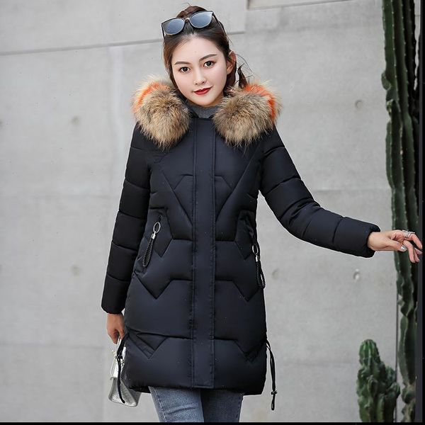 

2021 winter korean style of the new womans long section slim large fur collar down cotton padded womens jacket, Black