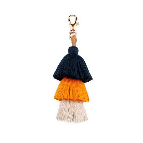 

multicolor 3 layered tassel keychain rainbow thread fringe pendant keychain for women bohemian statement handmade keychian, Silver