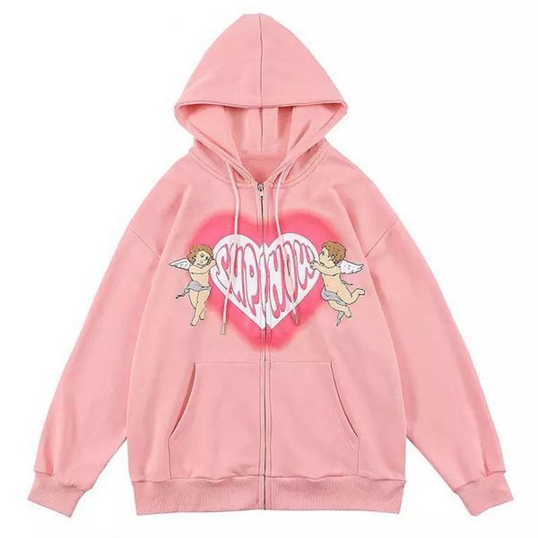 

women's hoodies & sweatshirts zip-up hoodie women hip hop streetwear love angel letters print sweatshirt harajuku punk grunge gothic cl, Black