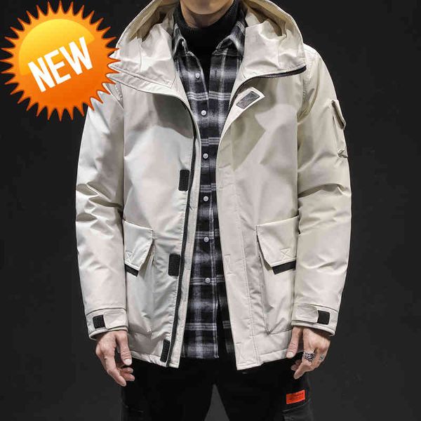 

2021 men's winter down jacket warm hooded puffer white duck coats solid thick windproof parkas cargo clothing, Black