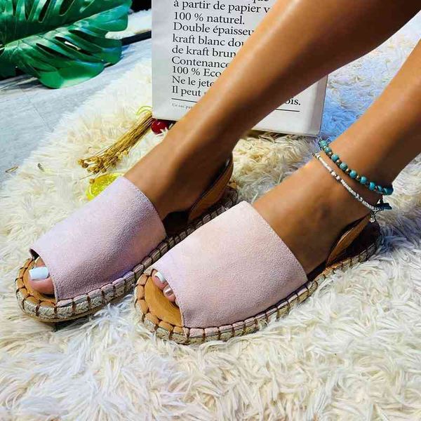 

2022 summer new flat sole 43 large women's fishmouth suede sandals, Black