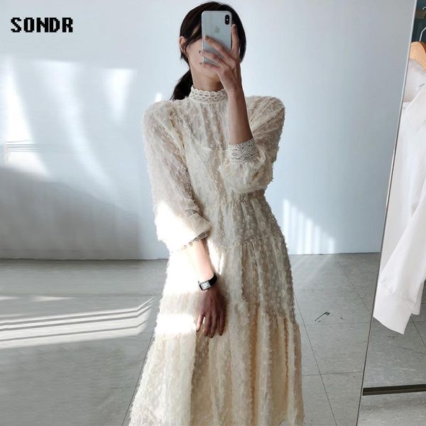 

korean one-piece elegant lace round neck ladies dress 2021 spring autumn new women's dresses a-line maxi dress vestido de mulher, Black;gray