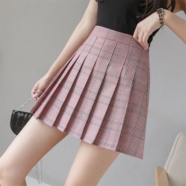 Gonna a pieghe da donna Plaid a vita alta a righe Minigonne Pantaloncini foderati Estate inverno sexy bar student Dance Kawaii Skirt 210310