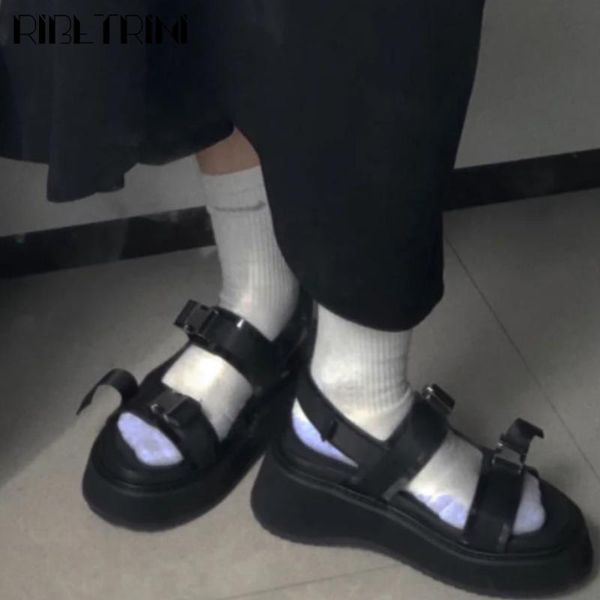 

sandals 2021 brand punk open toe platform wedges buckle leisure casual cool women's strappy design summer sport footwear, Black