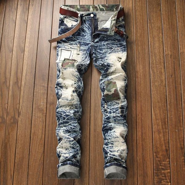 

men's jeans straight slim fit ripped men pleated wash zapped patchwork denim trousers motorcycle biker vintage jean pants, Blue