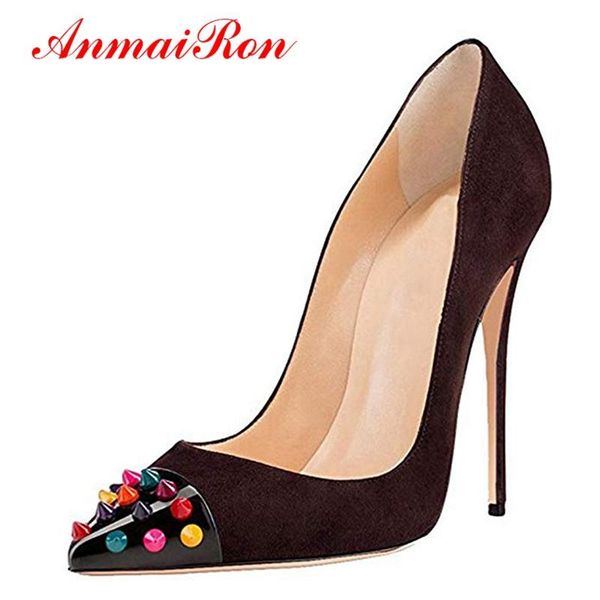 

dress shoes 5anmairon 2021 arrival rivet super high women pointed toe casual slip-on womens heels big size 35-45 ly1225, Black