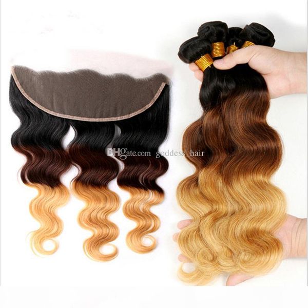 

honey blonde #1b 4 27 hair bundles with lace frontal ear to ear full lace frontal with ombre hair weaves 3 tone, Black