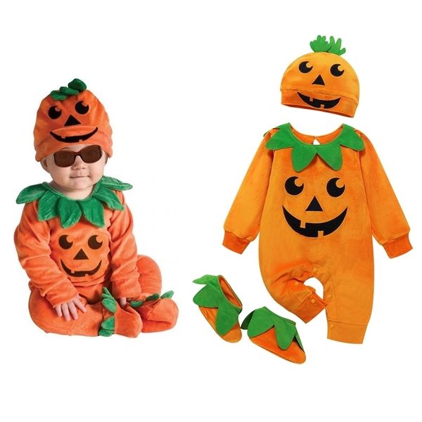 MaBaby 0-24M geborenes Kleinkind Junge Mädchen Halloween Kostüm Kürbis Strampler Samt Overall Hut Schuhe Outfits Kleidung DD40 211101