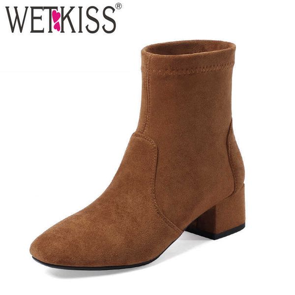 

wetkiss strettch high heels women ankle boots square toe footwear flock female boot shoes woman winter plus size 32-44 210630, Black