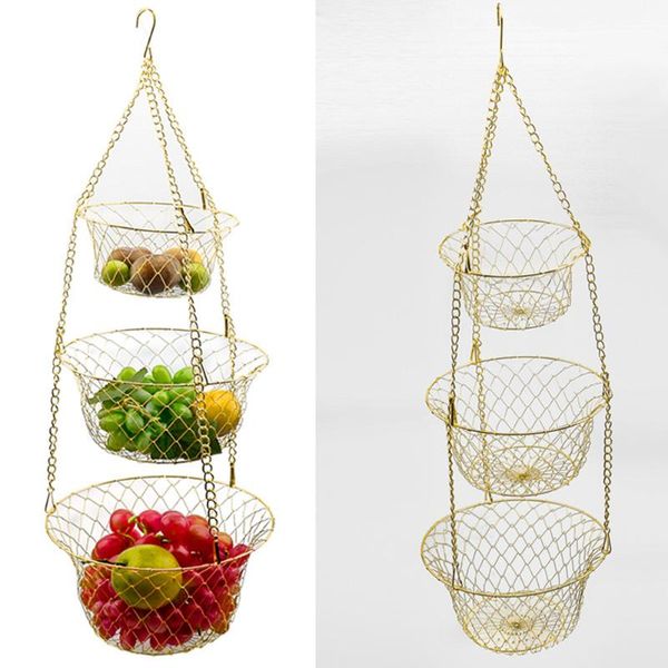 

storage baskets three-layer hanging fruit basket iron kitchen vegetable frame simple home decoration