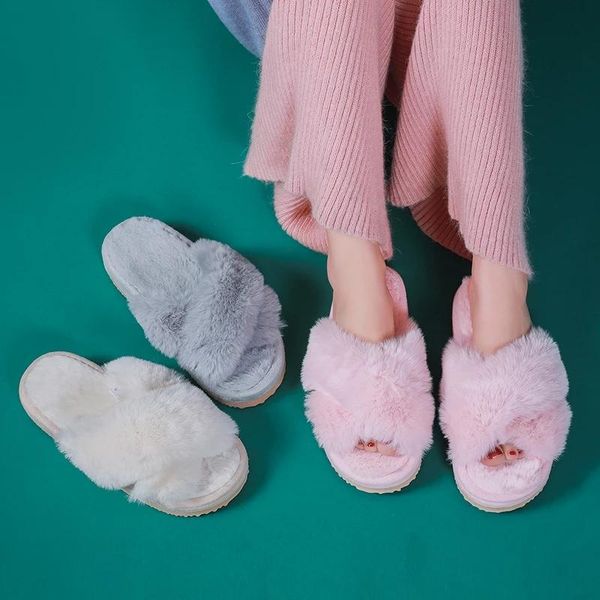 

slippers winter women soft plush furry cross band 3cm heel fur shoes indoor ladies platform open toe fluffy house ad86, Black