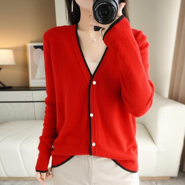 

women's knits & tees v-neck sweater 100% wool plus size jacket autumn and winter casual knit korean fashion long-sleeved cardigan, White