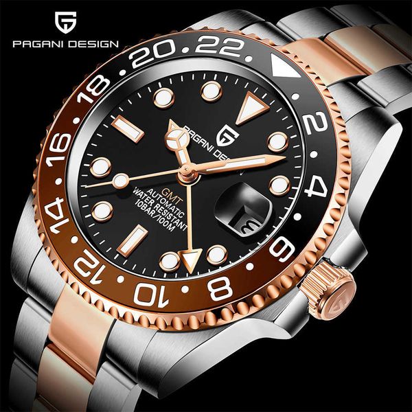 

pagani design rose gold ceramic bezel gmt watch luxury sapphire glass automatic stainless steel men's mechanical 210728, Slivery;brown