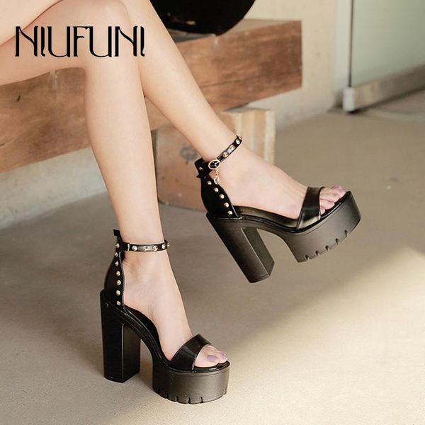 

thick-heel platform rivet decoration sandals buckle women's sandals super high-heels open-toe rhinestone women's shoes platform, Black
