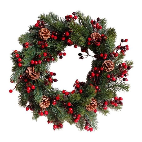 

decorative flowers & wreaths decorated artificial christmas wreath green branches with pine cones red berries indoor/outdoor xmas decoration