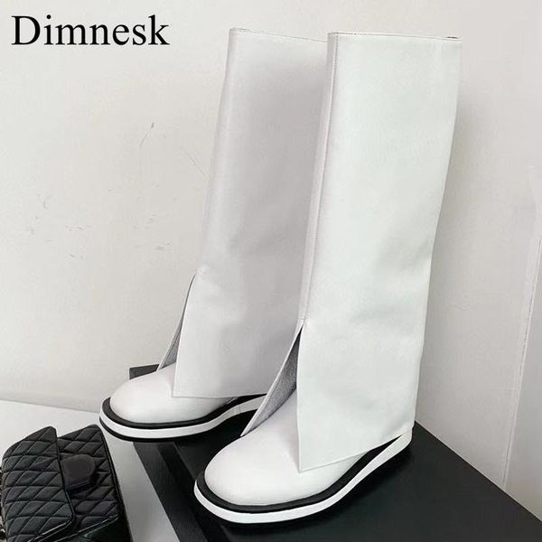 

boots 2021 runway turned-over edge knee high women thick sole round toe autumn shoes black white slip on long female