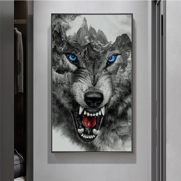 Wütender Wolf, Schwarz-Weiß-Poster und Drucke, abstrakte Tiere, Leinwandgemälde an der Wand, Kunstbild für Wohnzimmer, Heimdekoration