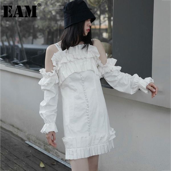

casual dresses [eam] women white pleated backless off shoulder dress strapless long puff sleeve loose fashion spring summer 2021 1dd7346, Black;gray