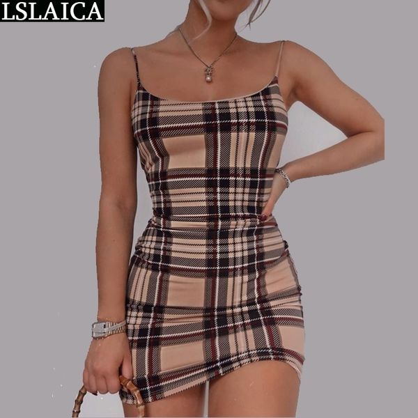 

women dresses summer sleeveless plaid print spaghetti srtap dress mini elegant female fashion holiday dresses women 210309, Black;gray