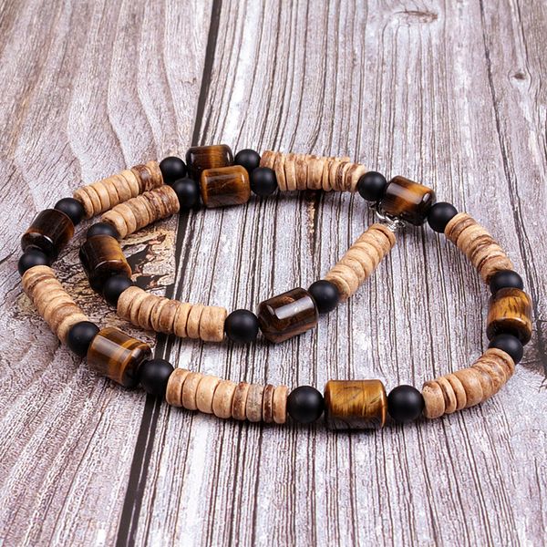 

natural tiger eye stone & wood bead tribal necklace for men, Silver