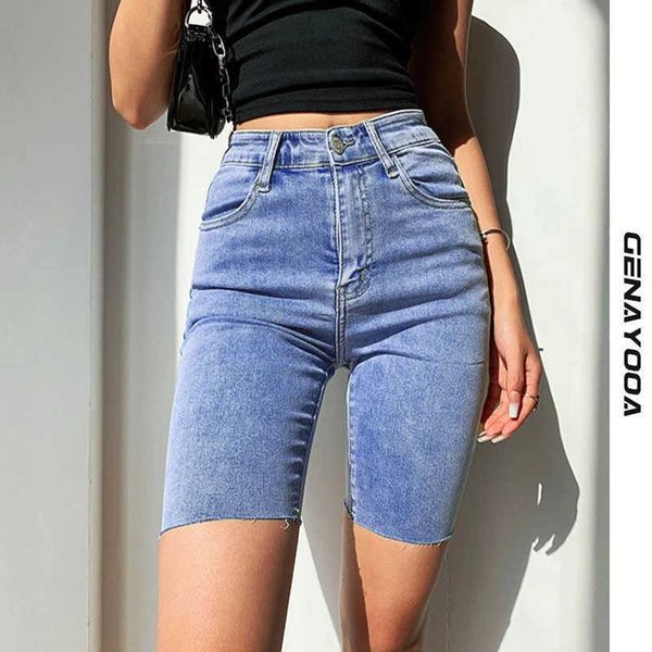 

genayooa streetwear skinny high waist shorts jeans feminino summer korean push up biker shorts women denim plus size 210611, Blue