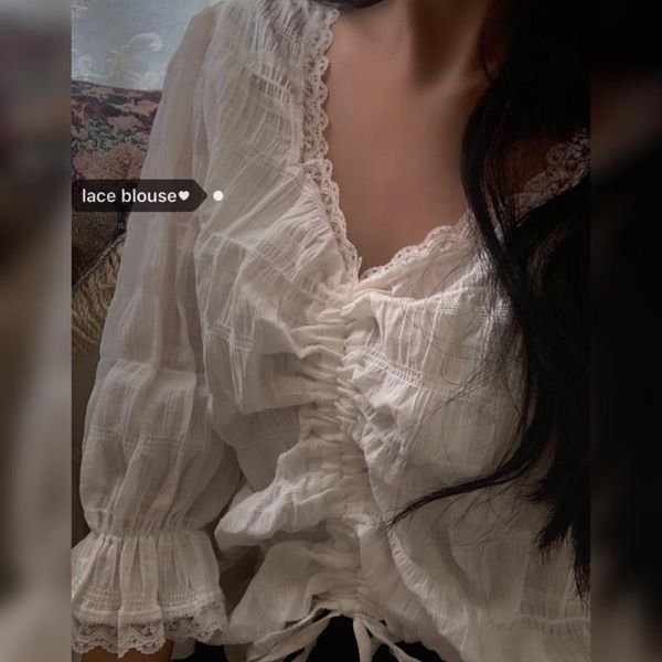 

sweet girl petite v neck string up lace ruffles shirt women petite blouse short chemise femme chemisier blusa mujer camisa, White