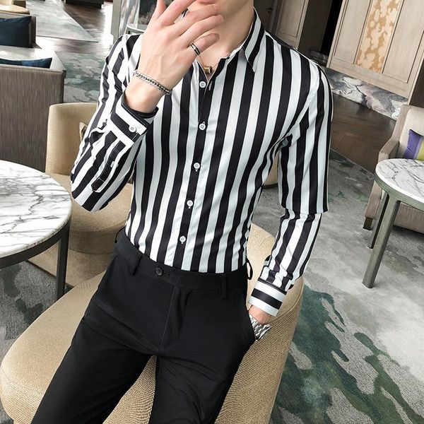 

men's casual shirts autumn long sleeve vertical stripes shirt men clothing 2022 simple slim fit business formal wear camisas de hombre, White;black