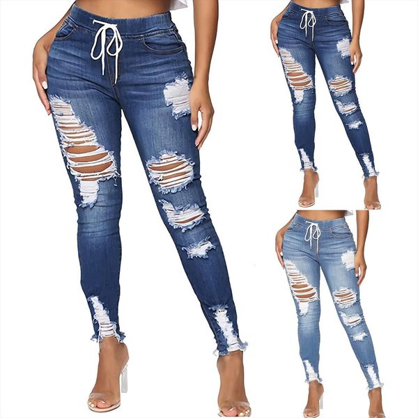 

fashion rippde high waist pocket women jean denim pants hole casual party skinny ripped, Blue