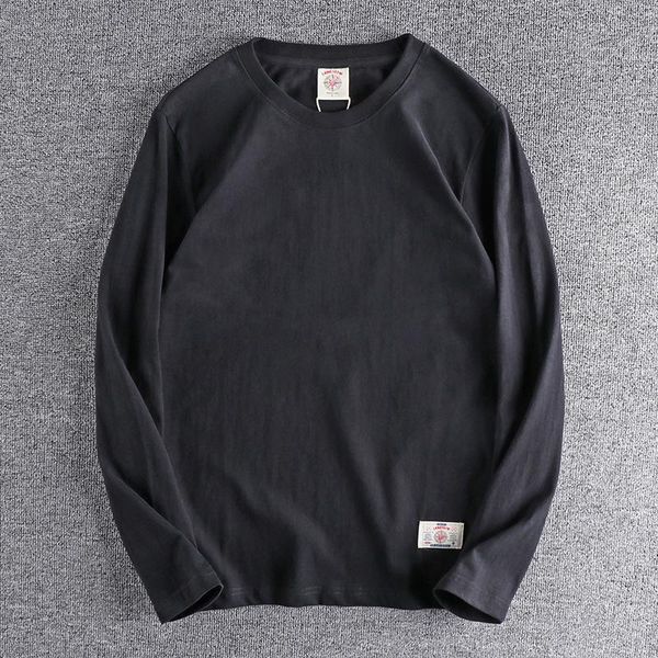 

men's t-shirts autumn japanese retro long sleeve o-neck solid color t-shirt fashion simple 100% cotton washed frosted casual loose, White;black