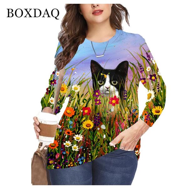 

plus size t-shirt 5xl 6xl 2021 autumn long sleeve women 3d cute cat print t shirt fashion female casual boho clothes, Black