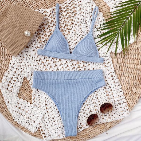 

push up bikinis set high waist swimsuit women high cut swimwear patchwork biquini ribbed beachwear 2021 summer