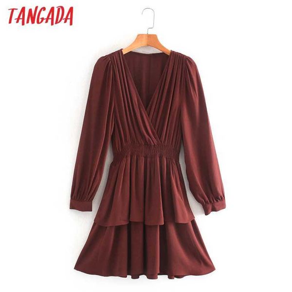 Tangada Moda Donna Abito camicia rosso vino Manica lunga scollo a V Abito corto con volant sexy 2W19 210609