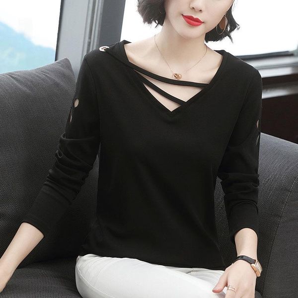 

women's t-shirt women v neck fashion cotton t shirt long sleeve solid color hole female loose simple trend mujer clothes tee, White