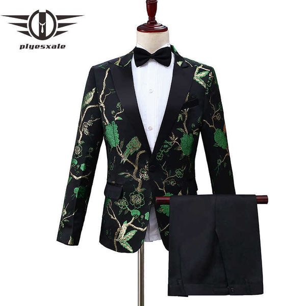 Schwarz Gold Blau Rot Grün Blumenmuster Anzug Für Männer Stilvolle Männer Bestickten Anzug 2 Stück Hochzeit Bräutigam Smoking Kostüm Q135 X0909