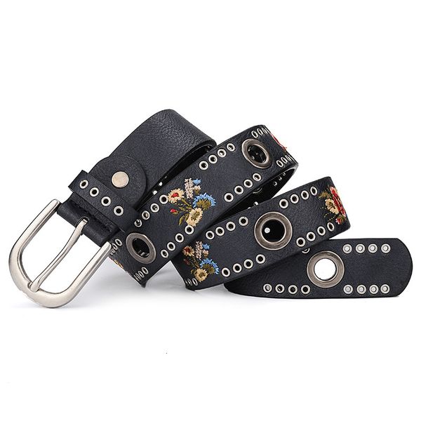 

2021 new fashion women's waist belt hollow rivets pu+cow leather strap for ladies luxury flower waistband female pin buckle ceinture gg, Black;brown