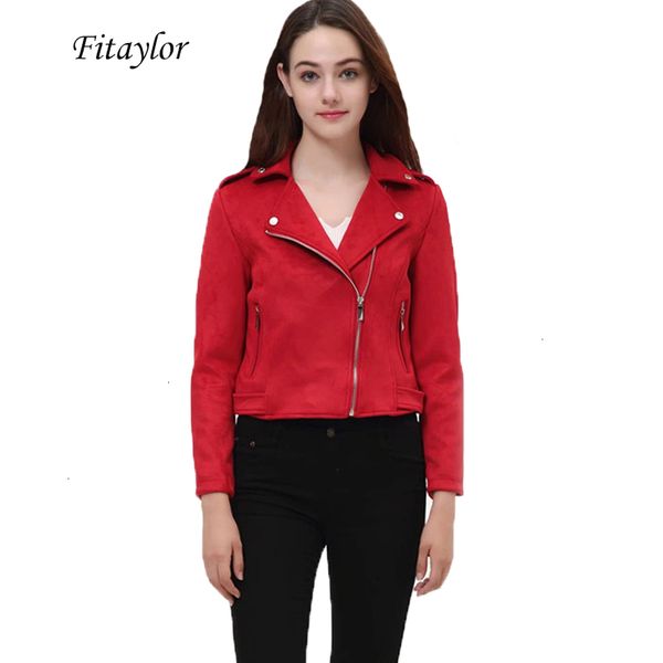 

fitaylor women suede faux leather jackets lady gray pink red outwear spring matte motorcycle coat biker punk bomber jacket, Black