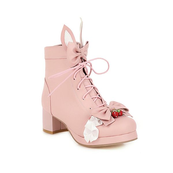 

vintage girls japane lolita ankle boots women cute bow princs sho ladi rabbit ear square heel jk uniform colsplay party, Black