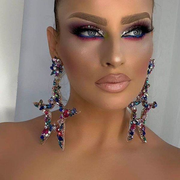 

s2041 fashion jewelry exaggerated five star diamond earrings colorful rhinstone dangle stud earrings, Silver