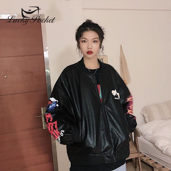 

women's jackets women spring autumn hip hop black zipper pu leather coat ladies letter print loose jacket pilot short baseball uniform, Black;brown