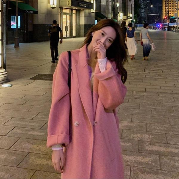 

women's wool & blends medium length commuter coat solid color long sleeve korean suit collar double-sided, Black