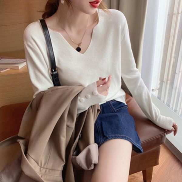 

women's sweaters 2021 fashion loose thin wool long sleeve pullover plain v-neck casual office lady simple regular thread standard sweat, White;black