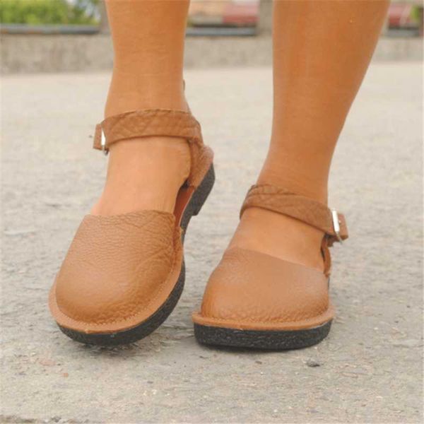 

summer new women black brown flat shoes for ladies pu leather round head sandals closed toe non-slip retro style mother shoes