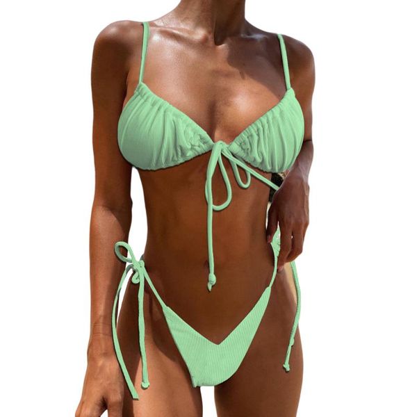 

women's swimwear suit pleated lace up bikini set solid color swimsuit beach wear slim sling bra+lace-up elastic panties, White;black