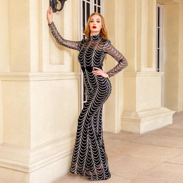 

casual dresses o neck evening party dress bodycon floor length long elegant sleeve stretch sequin maxi full lining, Black;gray