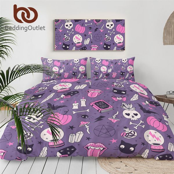 BeddingOutlet Set biancheria da letto magia nera Copriletto stregoneria Copripiumino sfera di cristallo Set letto pipistrelli teschio Biancheria da letto viola strega C0223