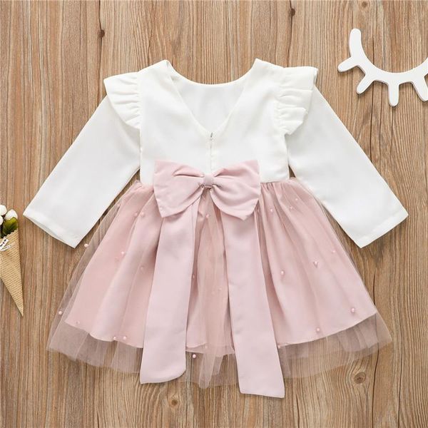 

girl's dresses toddler kids party princess dress autumn spring baby girls patchwork long sleeve o neck bowknot pearls tulle a-line 6m-8, Red;yellow