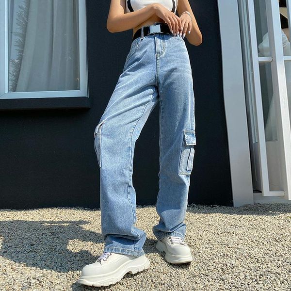 

women's jeans loose straight tube mopping thin wide leg tooling pants women tide pocket patchwork high waist, Blue
