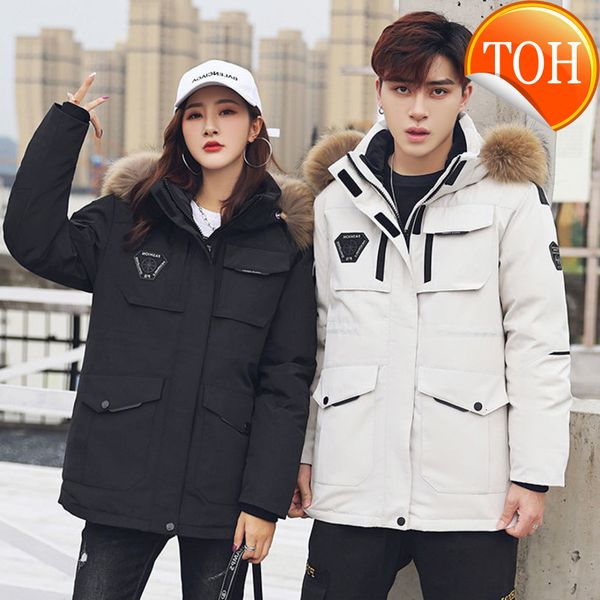 

-30 degree snow cold winter white duck down jacket men korean fashion fur hooded windbreaker thicken warm parka coat couples, Black
